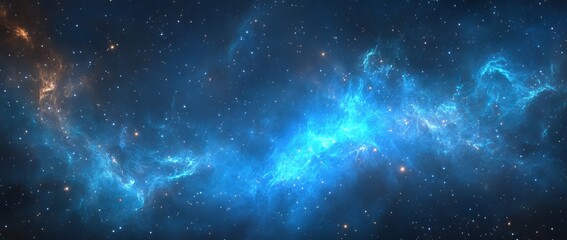 Naklejka premium An awe-inspiring cosmic panorama revealing a luminous nebula in shades of blue and white, set against a deep, star-studded background, evoking the grandeur and boundlessness of space