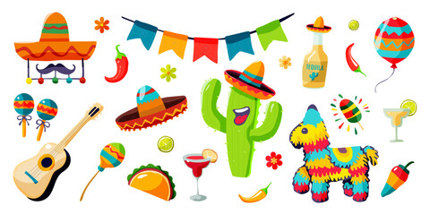 A colorful collection of Mexican items including a guitar, a cactus, a piñata, and a sombrero