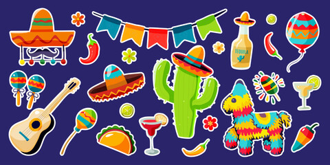 A collection of Mexican themed stickers including a guitar, a cactus, a piñata, and a margarita glass