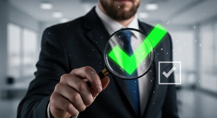 A businessman carefully examines a digital check mark through a magnifying glass, symbolizing control and high standards