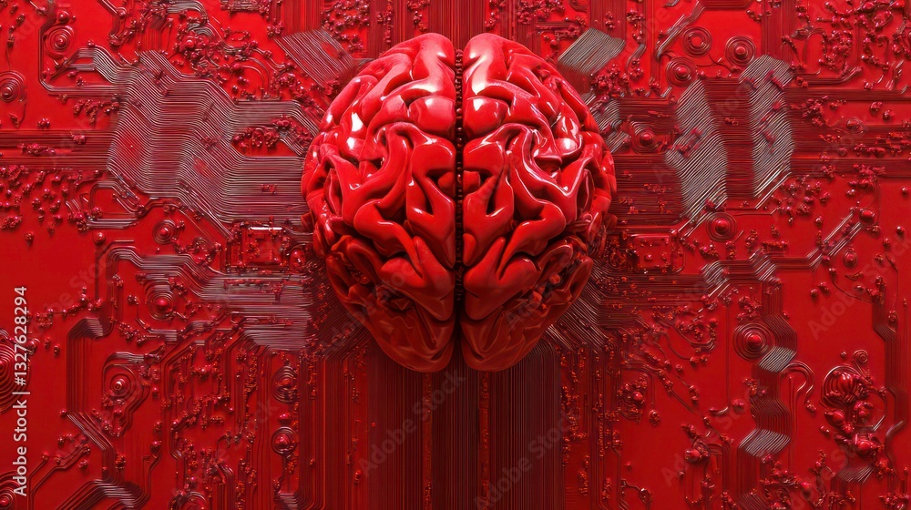 Poster red brain on circuit board background. possible use stock photo for science, technology, or educatio