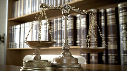 Ornate Scales of Justice in Law Library Setting