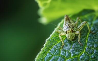 Fototapeta premium Of a macro nature close-up of a grasshopper camouflaging on a green leaf
