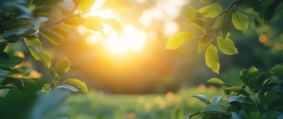 Obraz premium As the sun sets, a lively orchard reveals rows of ripe, succulent apples, surrounded by verdant leaves, casting a warm and welcoming glow with golden light