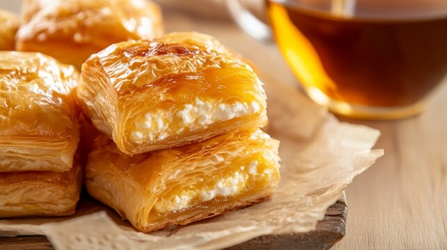 Golden Maltese pastizzi with ricotta served on a rustic plate with tea create a warm Mediterranean dining experience