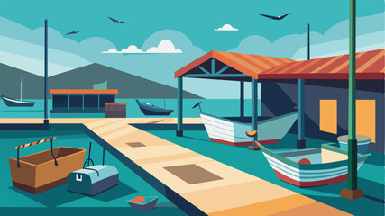 Fototapeta premium The once vibrant fish market now stands eerily quiet with empty stalls and abandoned boats a stark reminder of the fishing restrictions imposed upon the town.. Vector illustration