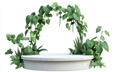 Nature-themed podium with plants and vines, isolated on a pure white background