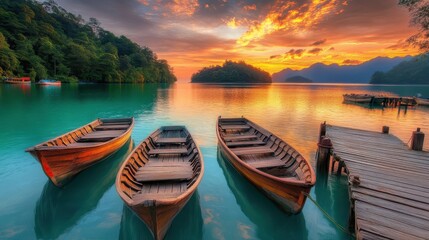 Of a Peaceful island dock with wooden boats floating on calm turquoise waters under a warm sunset