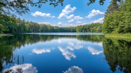 Fototapeta premium Of a Peaceful lake surrounded by dense summer foliage, reflecting the blue sky and white clouds