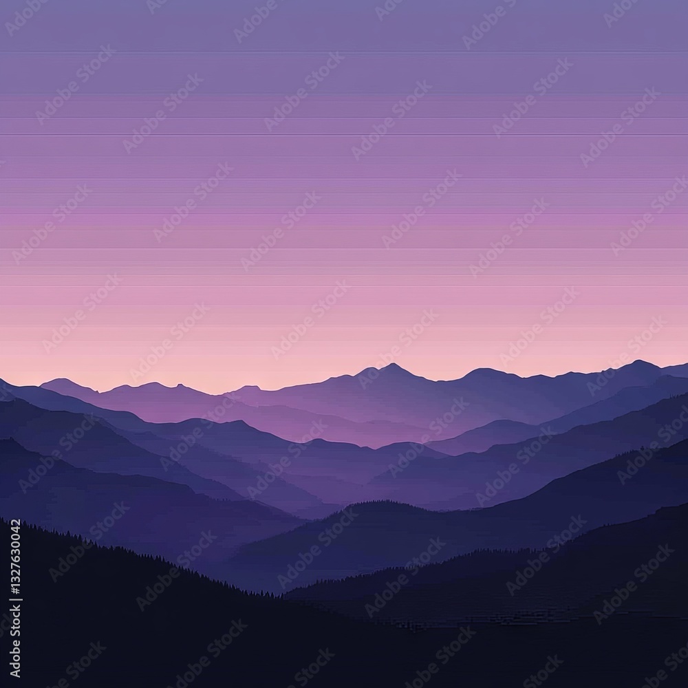 Poster rolling hills beneath a vibrant, gradient sky that transitions from soft pinks to deep purples, crea
