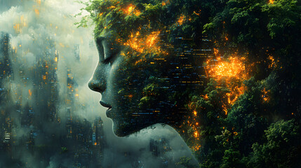 A serene profile of a woman merging with a lush forest, illuminated by glowing elements, amidst a misty cityscape
