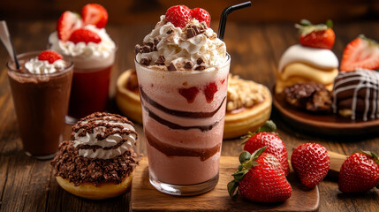 Strawberry fresh dessert, drink and food, website vector illustration. Fruit berry sweet cocktail, ice cream and donuts. Summer organic healthy beverage, order smoothie and tasty dessert.