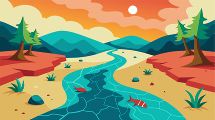 The riverbed cracked and lifeless stands in stark contrast to the vibrant greenery that once flourished along its banks. The dead fish their bodies twisted in unnatural positions. Vector illustration