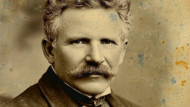 Historical portrait of a distinguished man with a prominent mustache and formal attire from the late 19th century