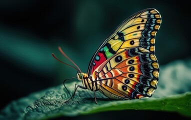 Of a macro nature close-up of a colorful butterfly resting on a leaf with intricate wing patterns