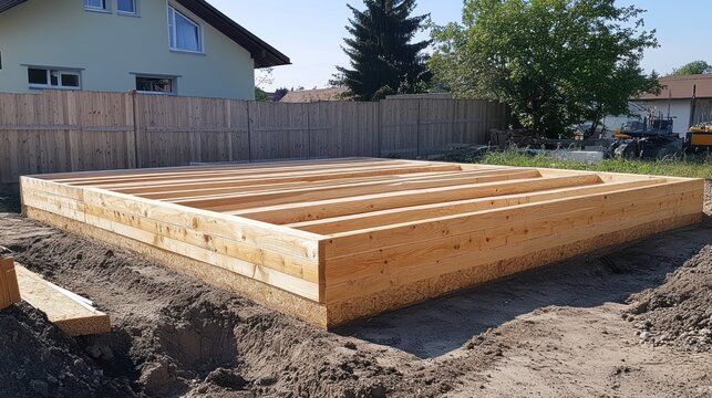 The wooden frame of a shed foundation is under construction