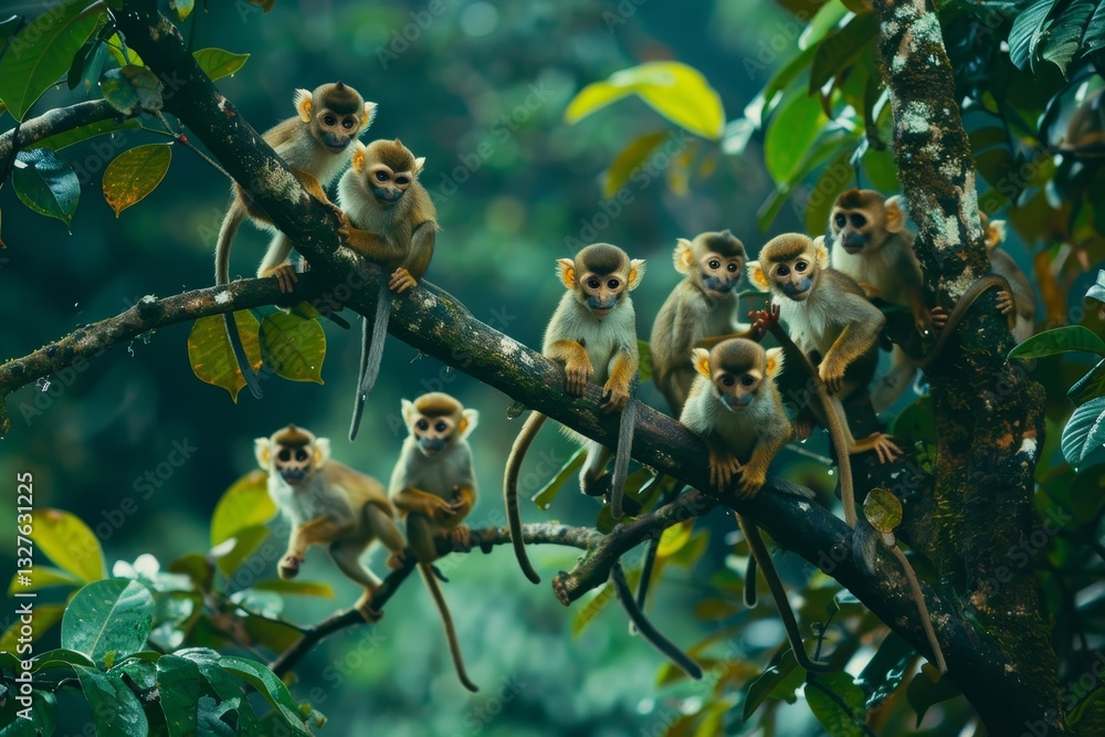 Poster a group of playful monkeys swing from branches in a dense rainforest setting, a troop of mischievous