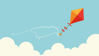 Colorful kite flying in blue sky with fluffy white clouds