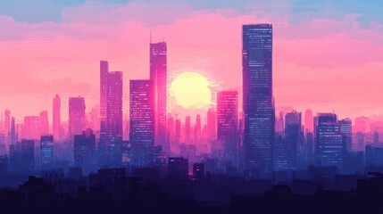 Cityscape Sunset Digital Art Pink Purple Hues