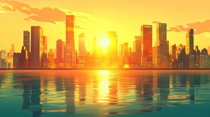 Fototapeta premium Golden Sunset Cityscape Over Calm Water Reflection