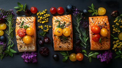 Freshly cooked salmon fillets garnished with colorful cherry tomatoes and herbs on a dark slate background
