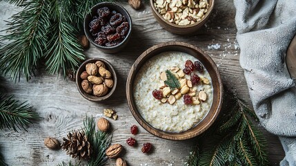 Minimalist Christmas breakfast a Nordic home simple wooden table with warm porridge nuts dried fruits and fresh pine branches soft morning light
