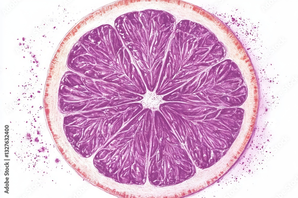 Poster a dynamic image of two slices of purple fruit, emphasizing the textured surface and precise seed pla