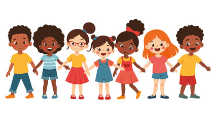 Group of cheerful children holding hands in colorful outfits