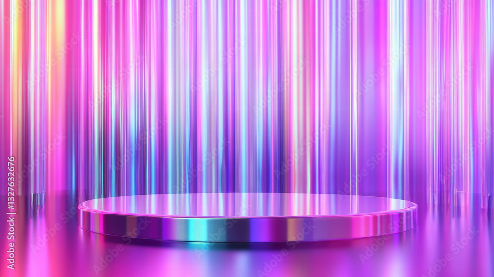 Poster futuristic abstract podium with vibrant neon lights for design and display projects