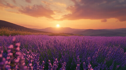 Stunning lavender field at sunset with rolling hills in the background