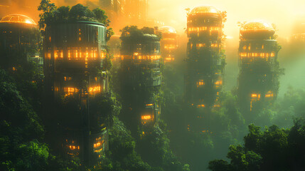 Futuristic cityscape with glowing buildings surrounded by lush greenery at sunset