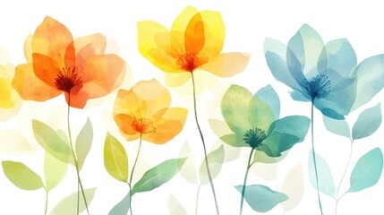 Watercolor painting of transparent flowers in orange yellow and blue