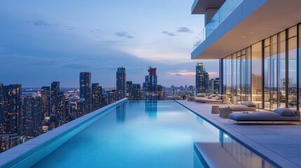 Fototapeta premium Of a Rooftop infinity pool with a stunning city skyline view, modern glass railings, and cozy lounge seating