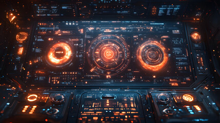 Futuristic control panel with glowing interfaces and holographic displays in a sci-fi environment