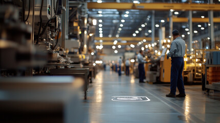 Obraz premium Factory Floor with Workers and Corporate Branding on Machinery