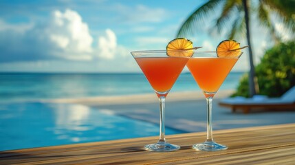 Of a Pair of elegant martini glasses with tropical cocktails, perched on a wooden bar overlooking a stunning beachside pool