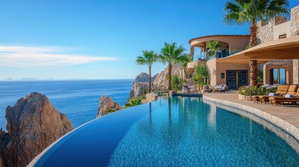 Of a Scenic infinity pool on a cliffside resort, offering breathtaking ocean views under a clear sky