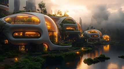 Futuristic eco-friendly homes by a serene river at sunset, surrounded by lush greenery and misty mountains