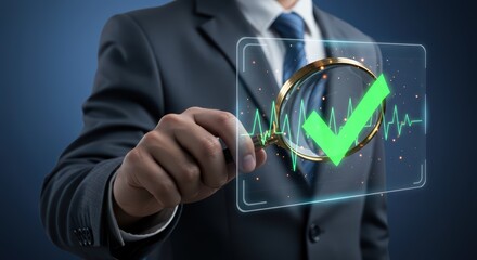 A businessman carefully examines a digital check mark through a magnifying glass, symbolizing control and high standards