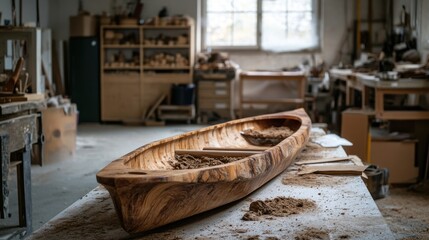 Obraz premium Carved wooden canoe sits on a table in workshop