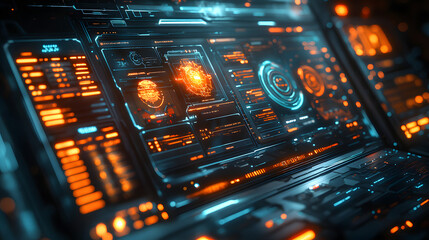 Futuristic control panel displaying vibrant data visualizations and glowing interfaces in a dark room