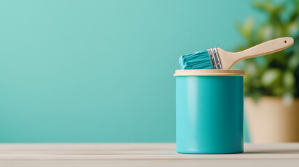 Turquoise paint can and brush on wooden table with blurred greenery background