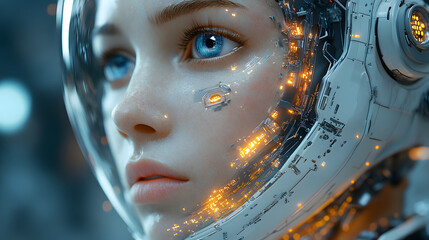 A futuristic humanoid figure with a glowing helmet gazes into the distance, set against a cosmic backdrop