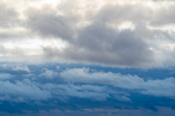 Fototapeta na wymiar Stormy sky with dark, snowy clouds on a spring day. Clouds are floating across the sky. Dramatic clouds. Dark blue clouds swiftly floating across blue sky. Sky texture, abstract nature background.