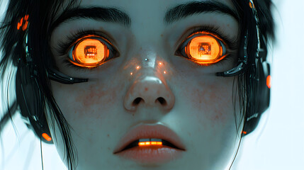 Futuristic portrait of a young woman with glowing orange eyes and headphones, set against a soft background