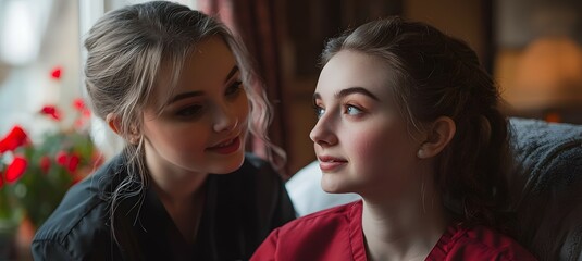 A nursing home aide administering medication to a resident, with space for copy