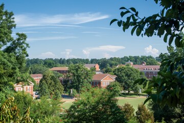 Fototapeta premium A view of a college campus with lush greenery and brick buildings on a sunny day, A view of the campus from afar