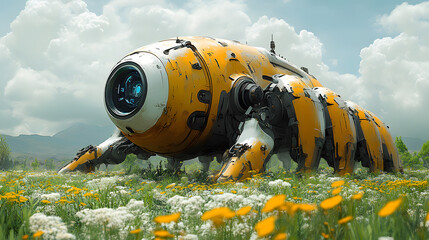 Futuristic robotic vehicle resting in a vibrant flower field under a clear blue sky