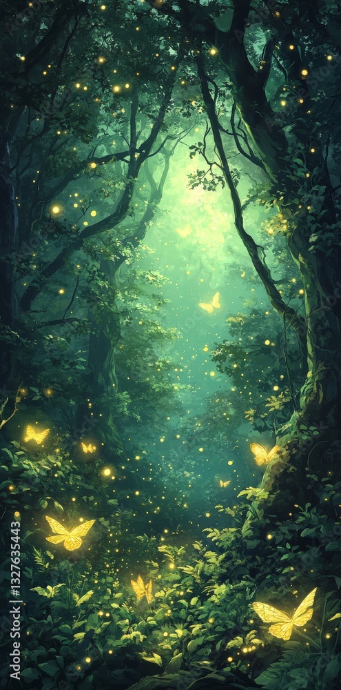 Poster in a tranquil green forest, soft light and floating particles create a serene and otherworldly atmos