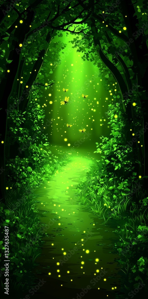 Poster a calm green forest, bathed in delicate light and adorned with floating particles, generates an ethe
